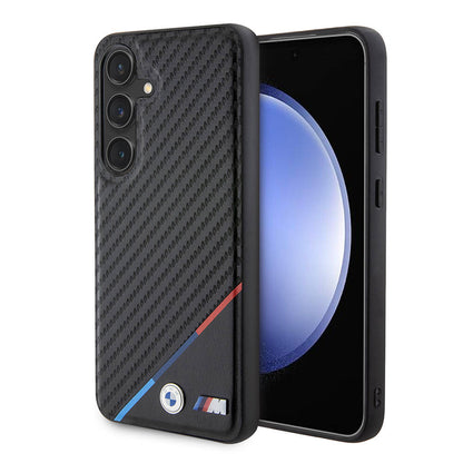 Galaxy S24 Plus Kılıf BMW Orijinal Lisanslı M-safe Şarj Özellikli M Logolu Üç Çizgili PU Karbon Kılıf