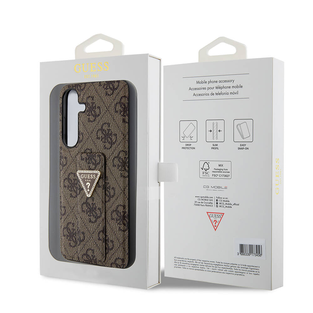 Galaxy S24 Plus Kılıf Guess Orijinal Lisanslı 4G Desenli Üçgen Logolu Standlı Deri Kılıf