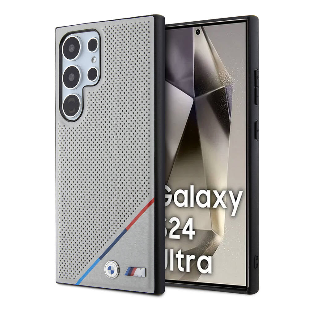 Galaxy S24 Ultra Kılıf BMW Orijinal Lisanslı M-safe Şarj Özellikli M Logolu Üç Çizgili Delikli Deri Kılıf