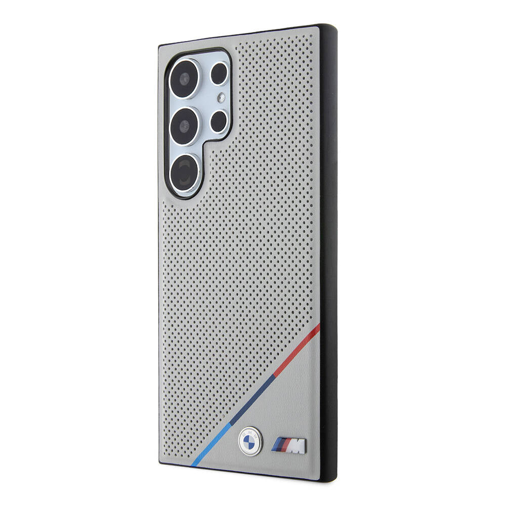 Galaxy S24 Ultra Kılıf BMW Orijinal Lisanslı M-safe Şarj Özellikli M Logolu Üç Çizgili Delikli Deri Kılıf