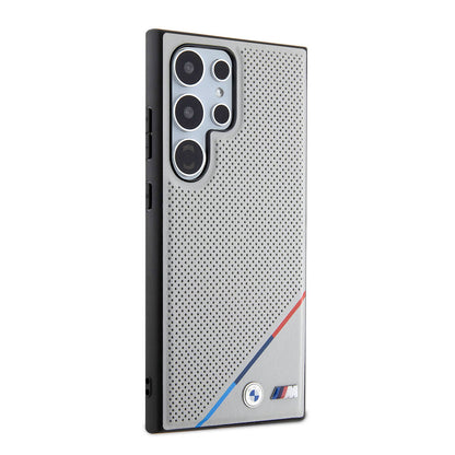 Galaxy S24 Ultra Kılıf BMW Orijinal Lisanslı M-safe Şarj Özellikli M Logolu Üç Çizgili Delikli Deri Kılıf