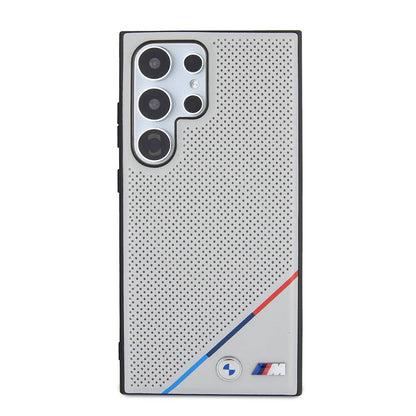 Galaxy S24 Ultra Kılıf BMW Orijinal Lisanslı M-safe Şarj Özellikli M Logolu Üç Çizgili Delikli Deri Kılıf