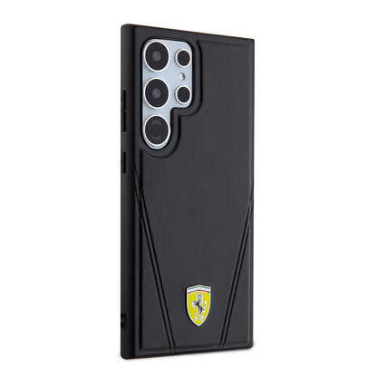 Galaxy S24 Ultra Kılıf Ferrari orijinal Lisanslı M-safe Şarj Özellikli Sıcak Baskı V Çizgili Deri Kılıf