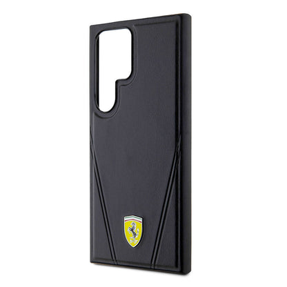 Galaxy S24 Ultra Kılıf Ferrari orijinal Lisanslı M-safe Şarj Özellikli Sıcak Baskı V Çizgili Deri Kılıf