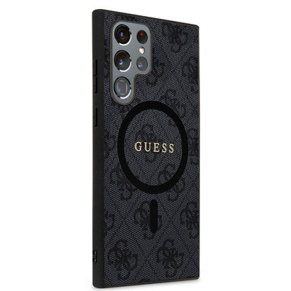 Galaxy S24 Ultra Kılıf Guess Orijinal Lisanslı M-safe Şarj Özellikli PU Halkalı 4G Desenli Yazı Logolu Kılıf