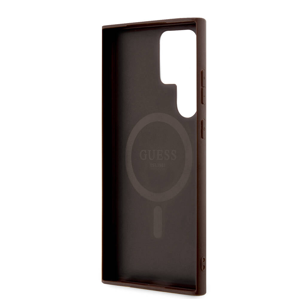 Galaxy S24 Ultra Kılıf Guess Orijinal Lisanslı M-safe Şarj Özellikli PU Halkalı 4G Desenli Yazı Logolu Kılıf