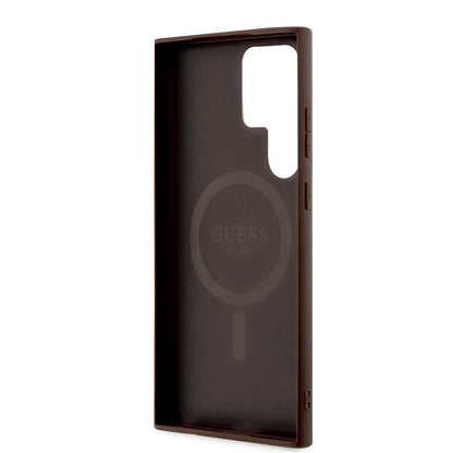 Galaxy S24 Ultra Kılıf Guess Orijinal Lisanslı M-safe Şarj Özellikli PU Halkalı 4G Desenli Yazı Logolu Kılıf