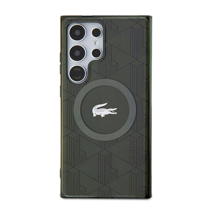 Galaxy S24 Ultra Kılıf Lacoste orijinal Lisanslı M-safe Şarj Özellikli Çift Katmanlı Timsah Logolu Blend Monogram Kılıf