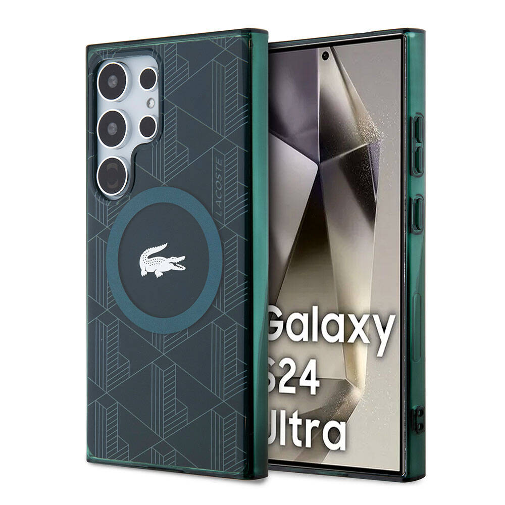 Galaxy S24 Ultra Kılıf Lacoste orijinal Lisanslı M-safe Şarj Özellikli Çift Katmanlı Timsah Logolu Blend Monogram Kılıf