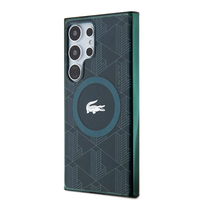 Galaxy S24 Ultra Kılıf Lacoste orijinal Lisanslı M-safe Şarj Özellikli Çift Katmanlı Timsah Logolu Blend Monogram Kılıf
