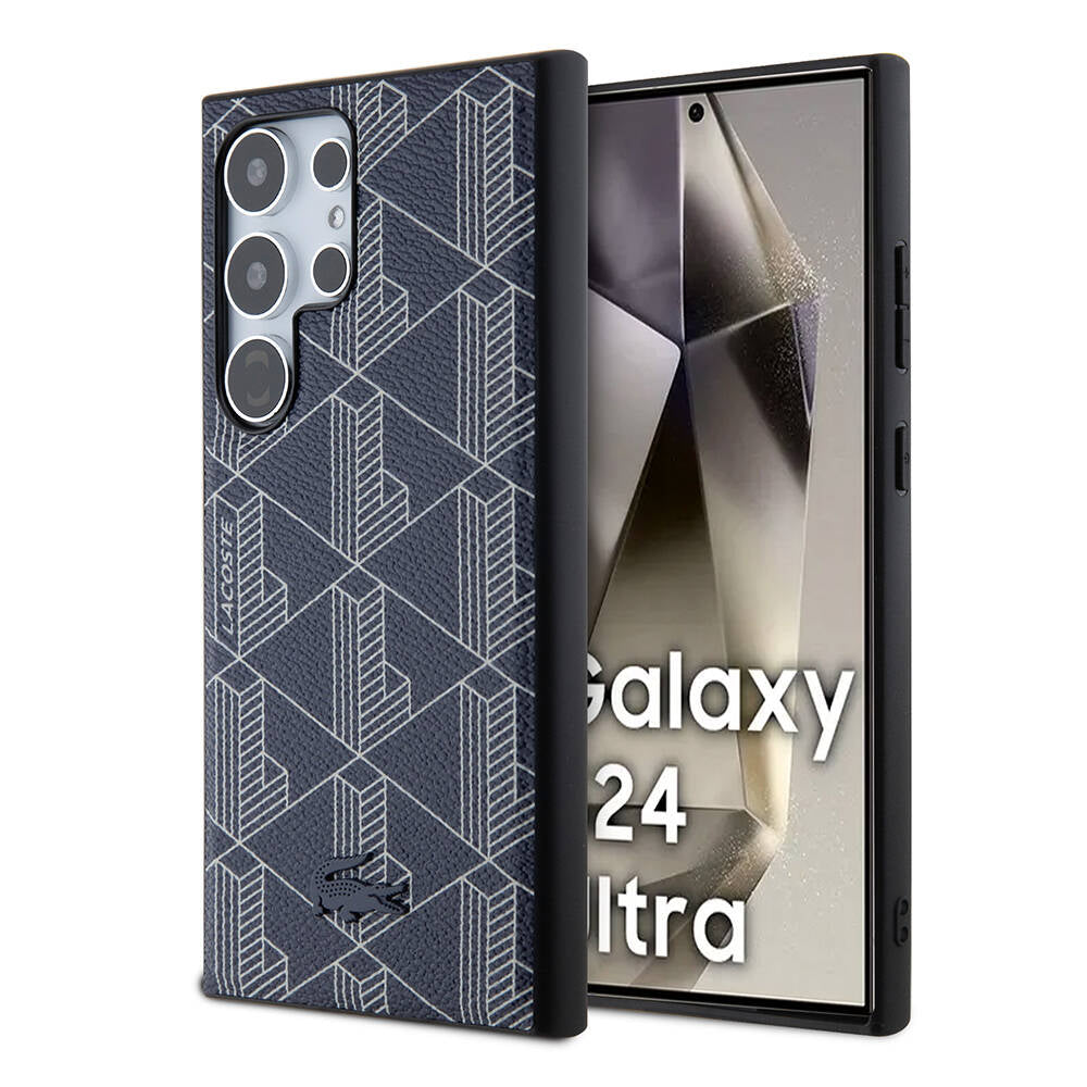 Galaxy S24 Ultra Kılıf Lacoste orijinal Lisanslı M-safe Şarj Özellikli PU Deri Görünümlü Karışık Monogram Desenli Kılıf