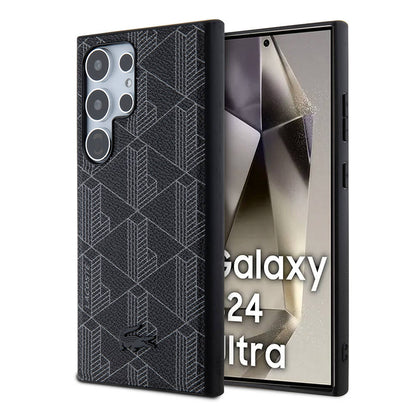 Galaxy S24 Ultra Kılıf Lacoste orijinal Lisanslı M-safe Şarj Özellikli PU Deri Görünümlü Karışık Monogram Desenli Kılıf