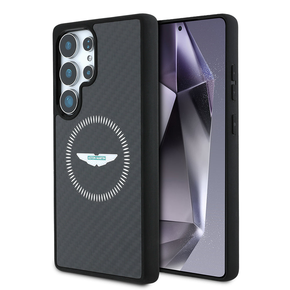 Galaxy S25 Ultra Kılıf Aston Martin Orijinal Lisanslı M-safe Şarj Özellikli Radyal Halka ve Karbon Fiber Tasarımlı Kılıf