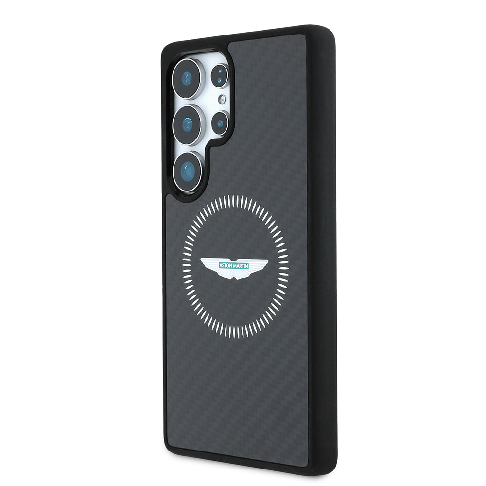 Galaxy S25 Ultra Kılıf Aston Martin Orijinal Lisanslı M-safe Şarj Özellikli Radyal Halka ve Karbon Fiber Tasarımlı Kılıf
