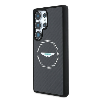 Galaxy S25 Ultra Kılıf Aston Martin Orijinal Lisanslı M-safe Şarj Özellikli Radyal Halka ve Karbon Fiber Tasarımlı Kılıf