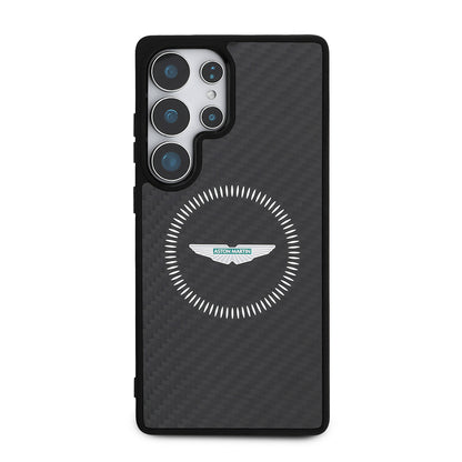 Galaxy S25 Ultra Kılıf Aston Martin Orijinal Lisanslı M-safe Şarj Özellikli Radyal Halka ve Karbon Fiber Tasarımlı Kılıf