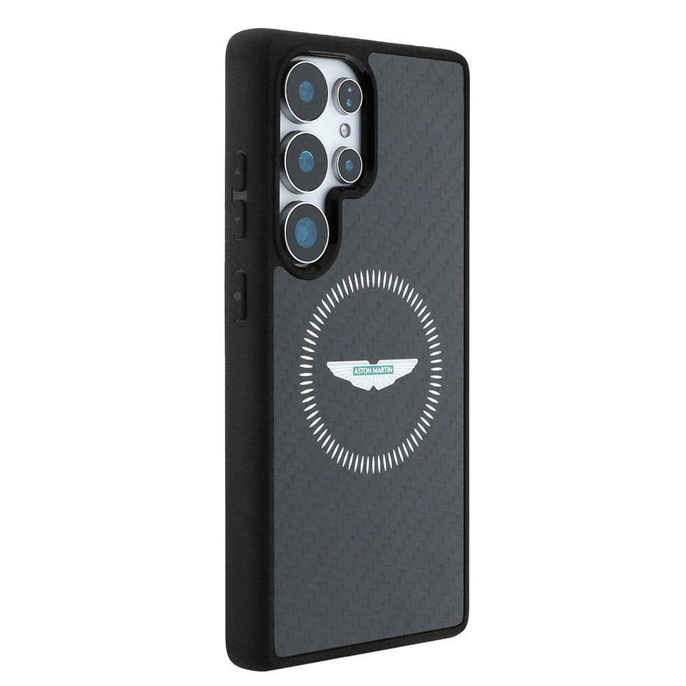 Galaxy S25 Ultra Kılıf Aston Martin Orijinal Lisanslı M-safe Şarj Özellikli Radyal Halka ve Karbon Fiber Tasarımlı Kılıf