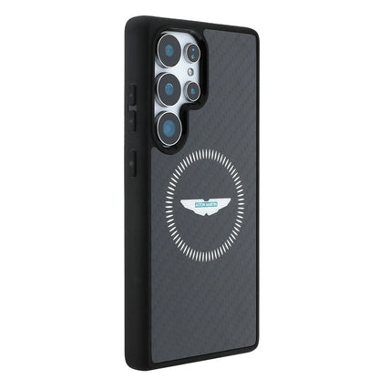 Galaxy S25 Ultra Kılıf Aston Martin Orijinal Lisanslı M-safe Şarj Özellikli Radyal Halka ve Karbon Fiber Tasarımlı Kılıf