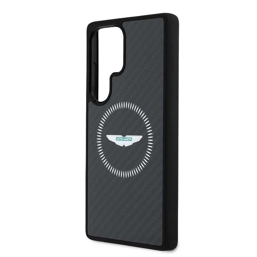 Galaxy S25 Ultra Kılıf Aston Martin Orijinal Lisanslı M-safe Şarj Özellikli Radyal Halka ve Karbon Fiber Tasarımlı Kılıf