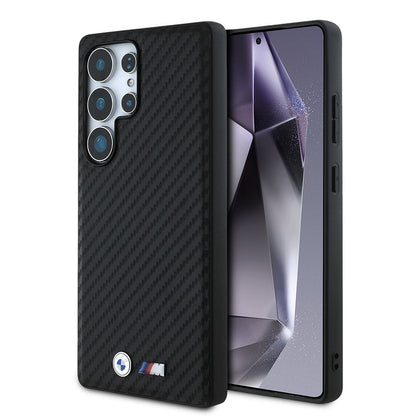 Galaxy S25 Ultra Kılıf BMW Orijinal Lisanslı M-safe Şarj Özellikli Karbon Fiber Tasarımlı ve Metal Logolu PU Deri Kılıf
