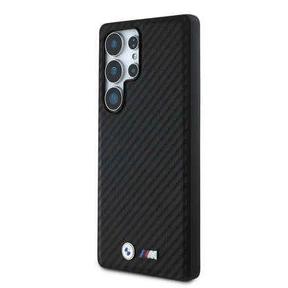 Galaxy S25 Ultra Kılıf BMW Orijinal Lisanslı M-safe Şarj Özellikli Karbon Fiber Tasarımlı ve Metal Logolu PU Deri Kılıf