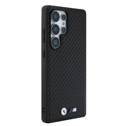 Galaxy S25 Ultra Kılıf BMW Orijinal Lisanslı M-safe Şarj Özellikli Karbon Fiber Tasarımlı ve Metal Logolu PU Deri Kılıf
