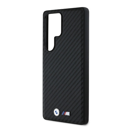 Galaxy S25 Ultra Kılıf BMW Orijinal Lisanslı M-safe Şarj Özellikli Karbon Fiber Tasarımlı ve Metal Logolu PU Deri Kılıf