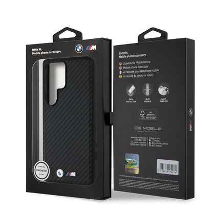 Galaxy S25 Ultra Kılıf BMW Orijinal Lisanslı M-safe Şarj Özellikli Karbon Fiber Tasarımlı ve Metal Logolu PU Deri Kılıf