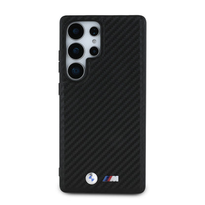 Galaxy S25 Ultra Kılıf BMW Orijinal Lisanslı M-safe Şarj Özellikli Karbon Fiber Tasarımlı ve Metal Logolu PU Deri Kılıf