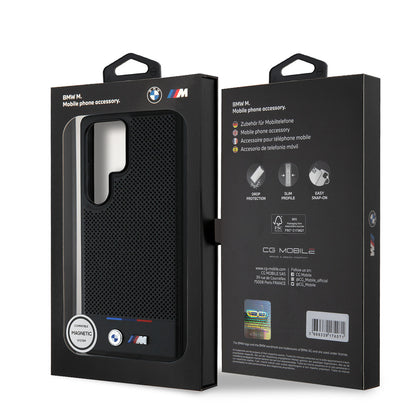 Galaxy S25 Ultra Kılıf BMW Orijinal Lisanslı M-safe Şarj Özellikli M Logolu Bottom Üç Çizgili Delikli PU Deri Kılıf