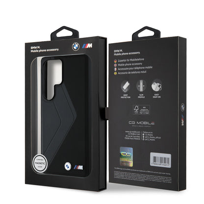 Galaxy S25 Ultra Kılıf BMW Orijinal Lisanslı M-safe Şarj Özellikli M Logolu Oversize Çizgili PU Deri Kılıf