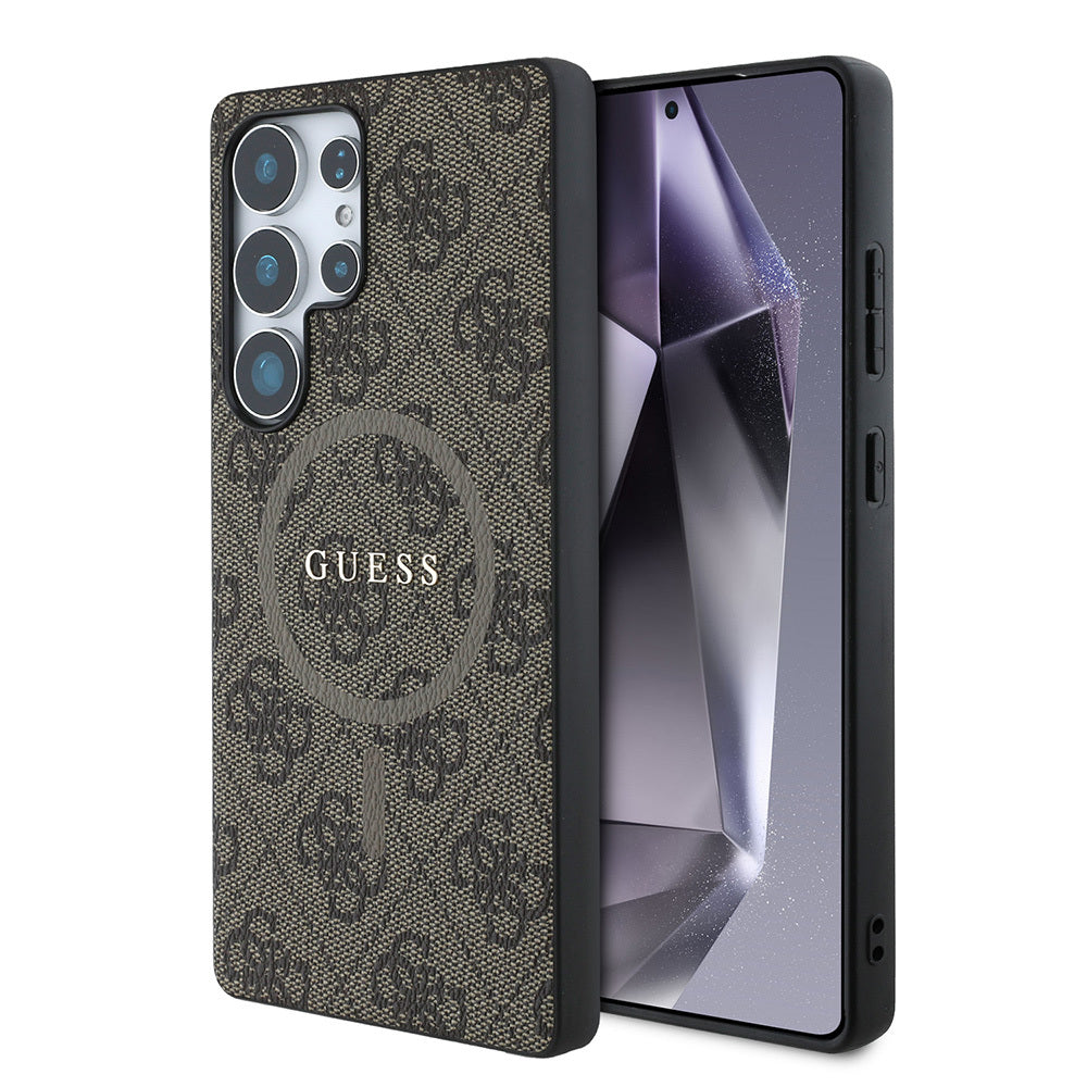 Galaxy S25 Ultra Kılıf Guess Orijinal Lisanslı M-safe Şarj Özellikli PU Halkalı 4G Desenli Yazı Logolu Kılıf