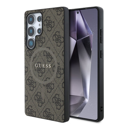 Galaxy S25 Ultra Kılıf Guess Orijinal Lisanslı M-safe Şarj Özellikli PU Halkalı 4G Desenli Yazı Logolu Kılıf