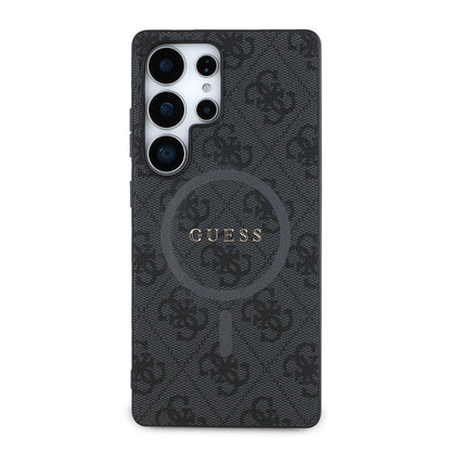 Galaxy S25 Ultra Kılıf Guess Orijinal Lisanslı M-safe Şarj Özellikli PU Halkalı 4G Desenli Yazı Logolu Kılıf