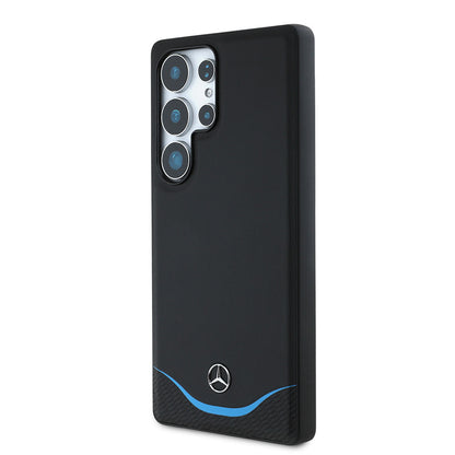 Galaxy S25 Ultra Kılıf Mercedes Benz Orijinal Lisanslı M-safe Şarj Özellikli 3D Metal Logolu Mavi Yatay Eğri Çizgili Deri Kılıf