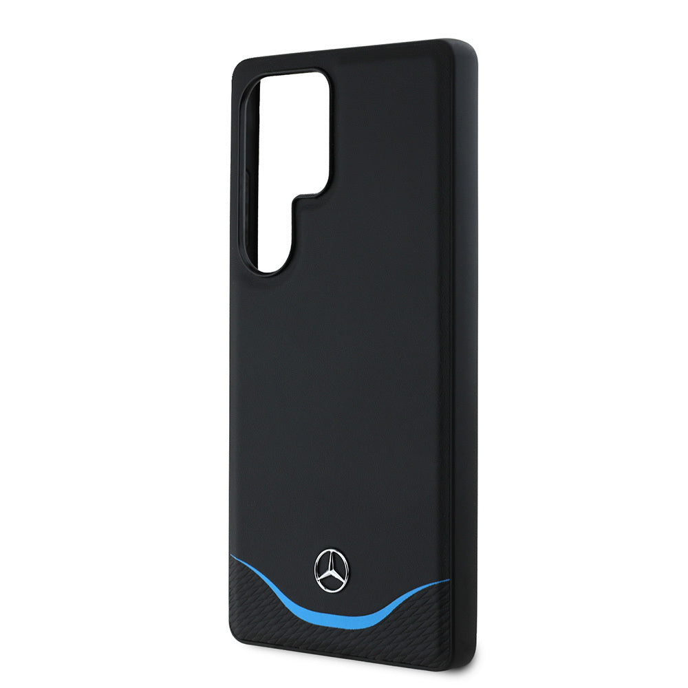 Galaxy S25 Ultra Kılıf Mercedes Benz Orijinal Lisanslı M-safe Şarj Özellikli 3D Metal Logolu Mavi Yatay Eğri Çizgili Deri Kılıf