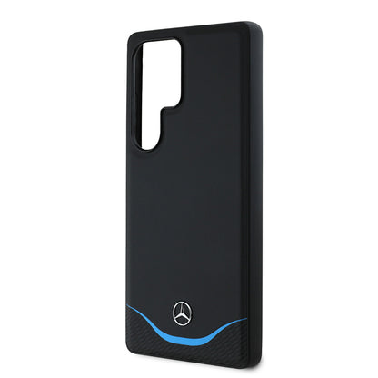 Galaxy S25 Ultra Kılıf Mercedes Benz Orijinal Lisanslı M-safe Şarj Özellikli 3D Metal Logolu Mavi Yatay Eğri Çizgili Deri Kılıf