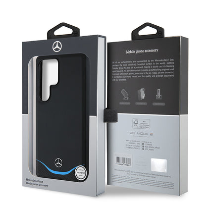 Galaxy S25 Ultra Kılıf Mercedes Benz Orijinal Lisanslı M-safe Şarj Özellikli 3D Metal Logolu Mavi Yatay Eğri Çizgili Deri Kılıf