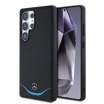 Galaxy S25 Ultra Kılıf Mercedes Benz OrijinalLisanslı M-safe Şarj Özellikli 3D Metal Logolu Mavi Yatay Eğri Çizgili Deri Kılıf