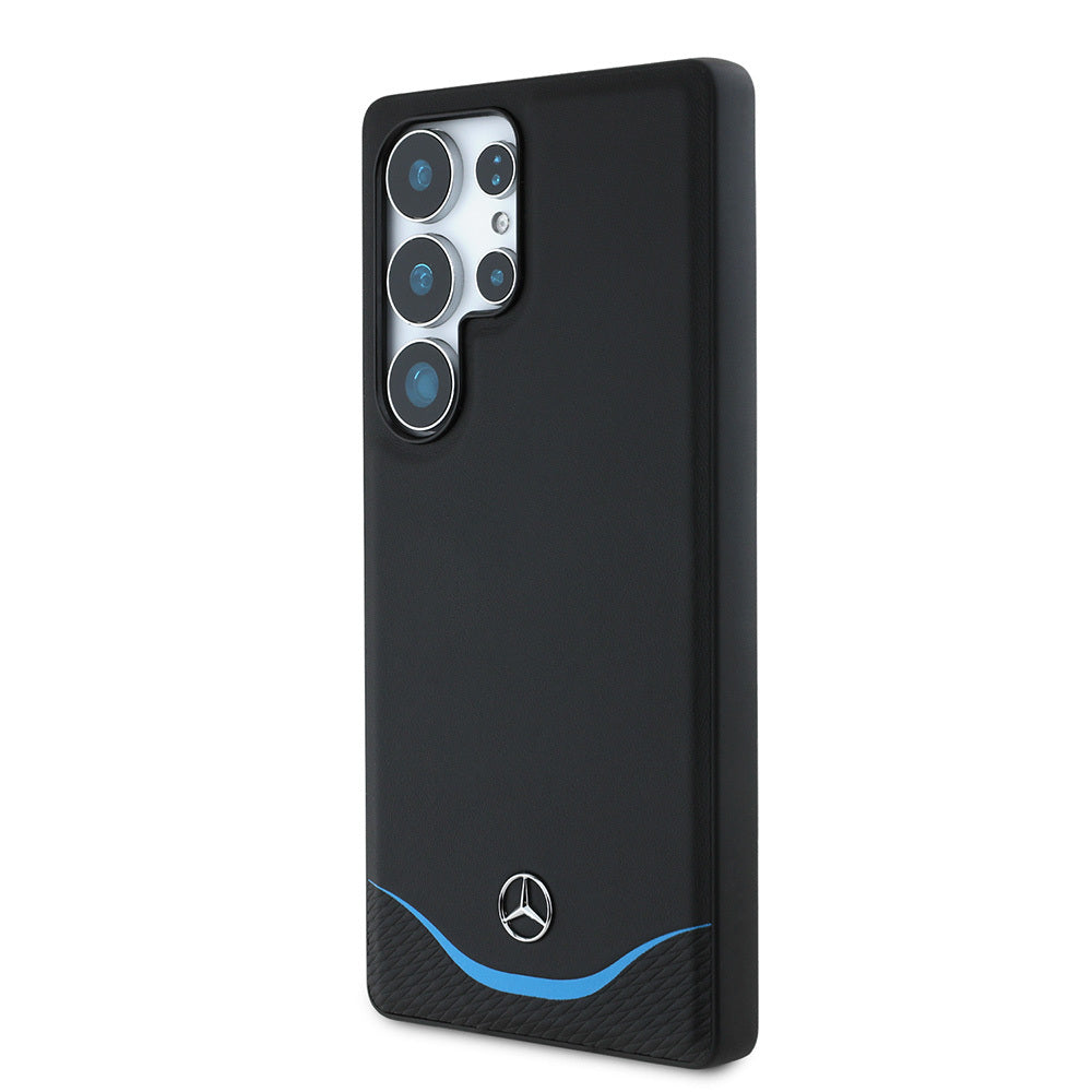 Galaxy S25 Ultra Kılıf Mercedes Benz OrijinalLisanslı M-safe Şarj Özellikli 3D Metal Logolu Mavi Yatay Eğri Çizgili Deri Kılıf