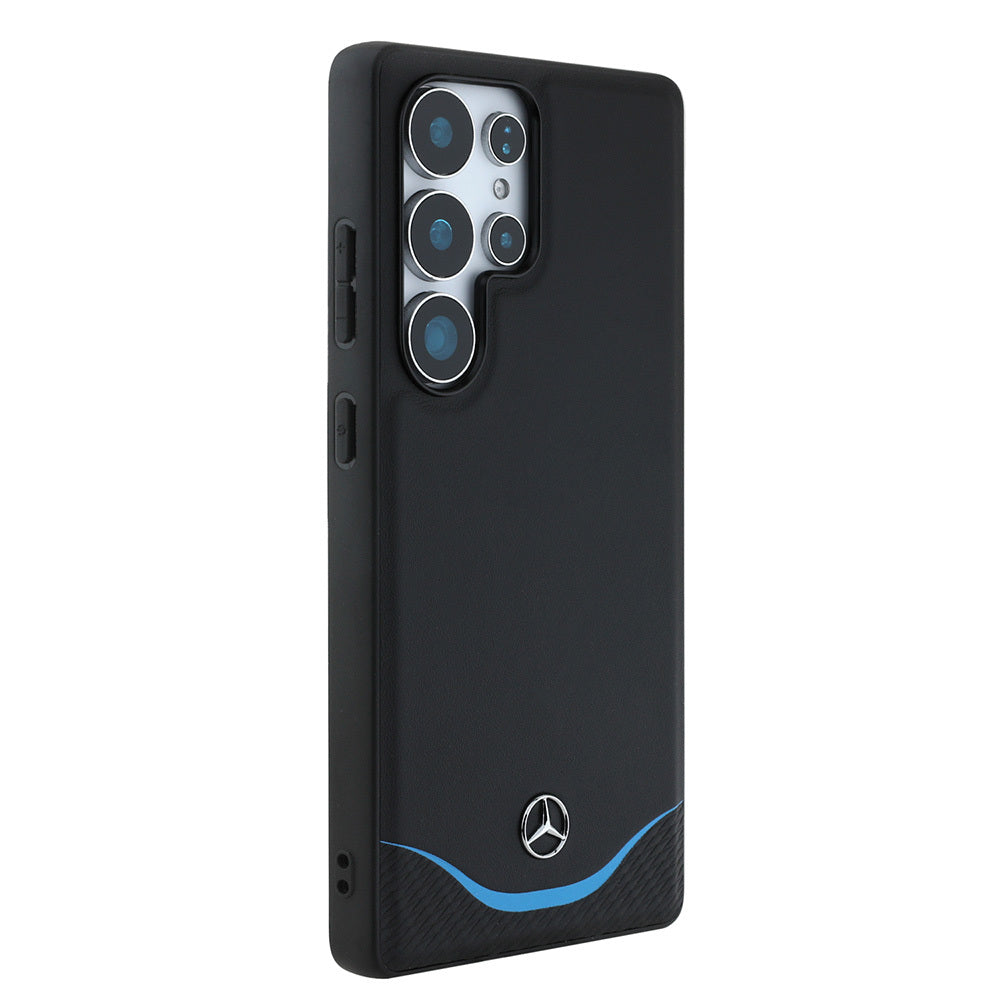 Galaxy S25 Ultra Kılıf Mercedes Benz OrijinalLisanslı M-safe Şarj Özellikli 3D Metal Logolu Mavi Yatay Eğri Çizgili Deri Kılıf
