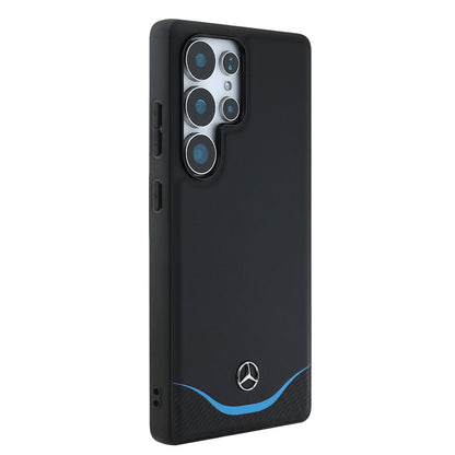 Galaxy S25 Ultra Kılıf Mercedes Benz OrijinalLisanslı M-safe Şarj Özellikli 3D Metal Logolu Mavi Yatay Eğri Çizgili Deri Kılıf