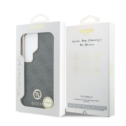 Galaxy S26 Ultra Kılıf Guess Orijinal Lisanslı M-safe Şarj Özellikli Gold Metal Kamera Çerçeveli Taşlı 4G Logolu Kılıf