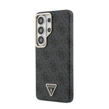Galaxy S26 Ultra Kılıf Guess Orijinal Lisanslı M-safe Şarj Özellikli Gold Metal Kamera Çerçeveli Taşlı Üçgen Logo 4G Desenli Kılıf
