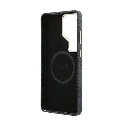 Galaxy S26 Ultra Kılıf Guess Orijinal Lisanslı M-safe Şarj Özellikli Gold Metal Kamera Çerçeveli Taşlı Üçgen Logo 4G Desenli Kılıf