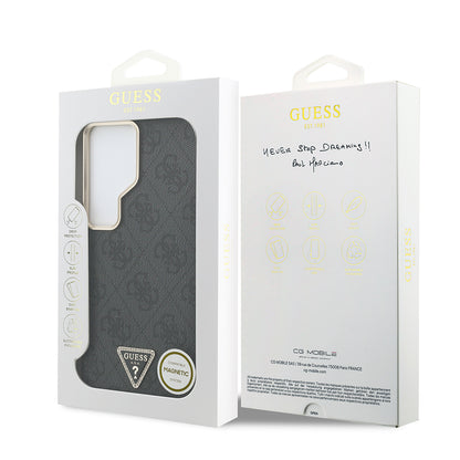 Galaxy S26 Ultra Kılıf Guess Orijinal Lisanslı M-safe Şarj Özellikli Gold Metal Kamera Çerçeveli Taşlı Üçgen Logo 4G Desenli Kılıf