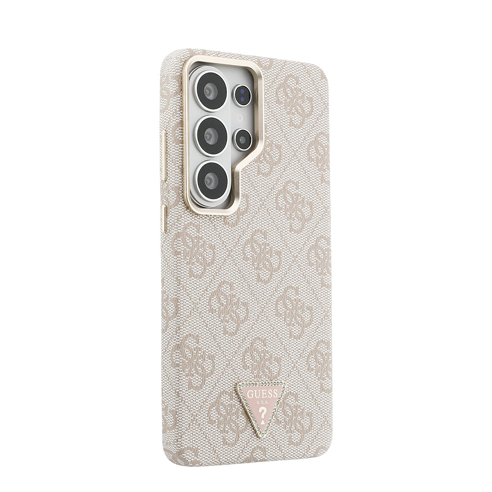 Galaxy S26 Ultra Kılıf Guess Orijinal Lisanslı M-safe Şarj Özellikli Gold Metal Kamera Çerçeveli Taşlı Üçgen Logo 4G Desenli Kılıf