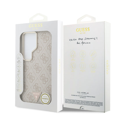 Galaxy S26 Ultra Kılıf Guess Orijinal Lisanslı M-safe Şarj Özellikli Gold Metal Kamera Çerçeveli Taşlı Üçgen Logo 4G Desenli Kılıf