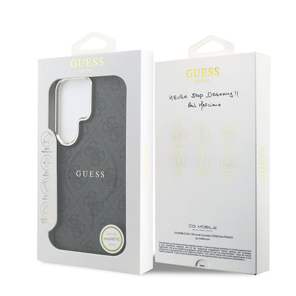 Galaxy S26 Ultra Kılıf Guess Orijinal Lisanslı M-safe Şarj Özellikli Metal Kamera Çerçeveli PU Deri 4G Desenli Yazı Logolu Kılıf