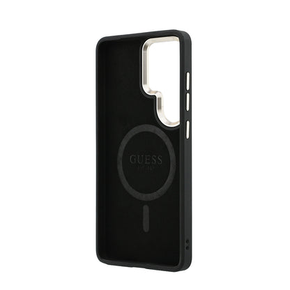 Galaxy S26 Ultra Kılıf Guess Orijinal Lisanslı M-safe Şarj Özellikli Metal Kamera Çerçeveli PU Deri 4G Desenli Yazı Logolu Kılıf